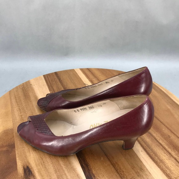 Salvatore Ferragamo Pumps Womens 8.5 N Burgundy Red Leather Peep Toe Heels Shoes - Picture 3 of 10